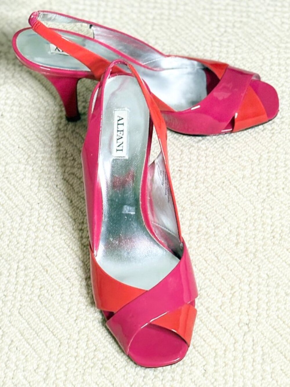 Alfani Red Pink Patent Slingback Heels Peep Toe Y2K Statement Pumps 9M